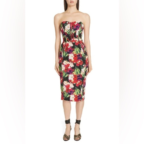 SAFFRON FLORAL-PRINT STRAPLESS COCKTAIL DRESS IN BLACK MULTI - Picture 1 of 7